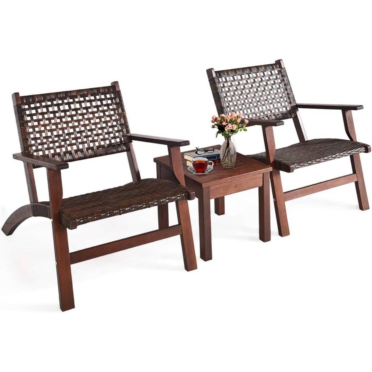 3-Piece Solid Wood and Rattan Patio Furniture Table Chairs Set